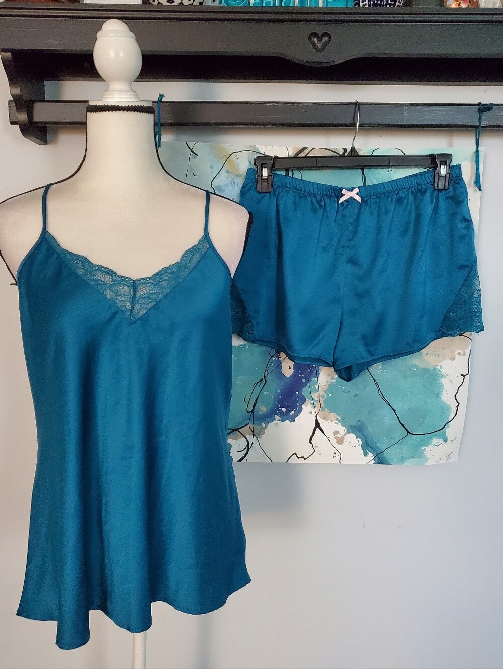 Flora Nikrooz Teal Satin Lace Cami & Shorts Pajama Set